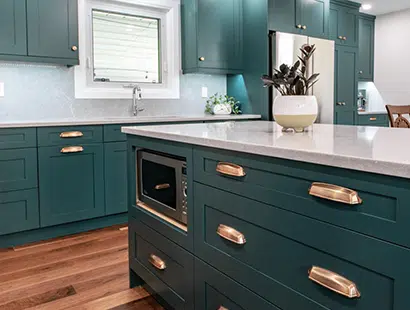 Green Kitchen Cabinets with Gold Hardware
