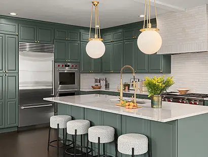 Green Kitchen Cabinets with White Countertops